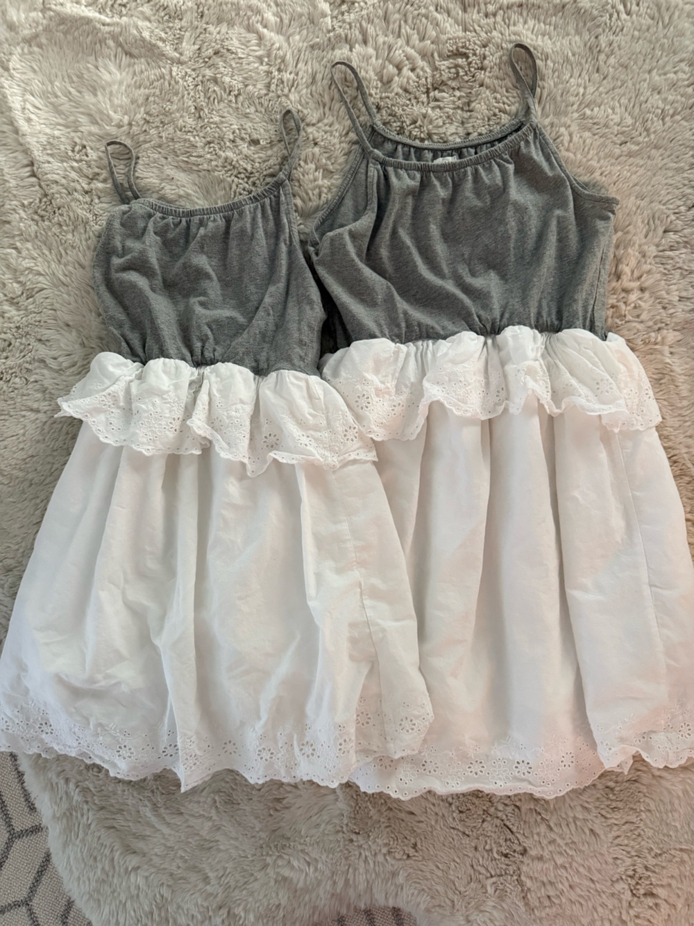 Sisters (2) Matching White Eyelet Tiered Dresses Sz 10 & 14/16